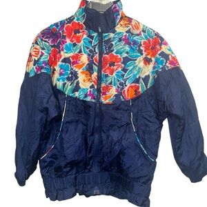 Vintage Windbreaker, Floral w Ruched Base, Blue, Size Medium Petite, PM